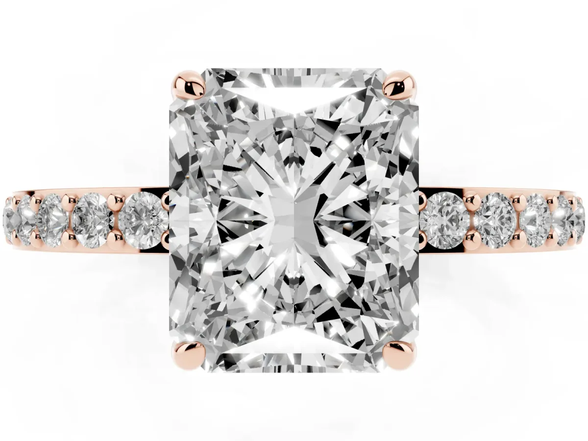 Radiant Cut Diamond Pavé Engagement Ring with Round Accents and Prong Setting Rose gold