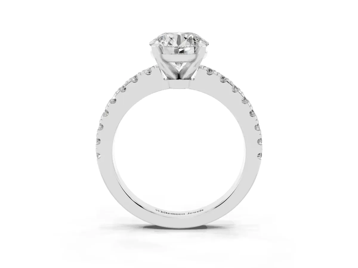 Round Cut Solitaire Diamond with Pavé Band and Four-Prong Setting Silver