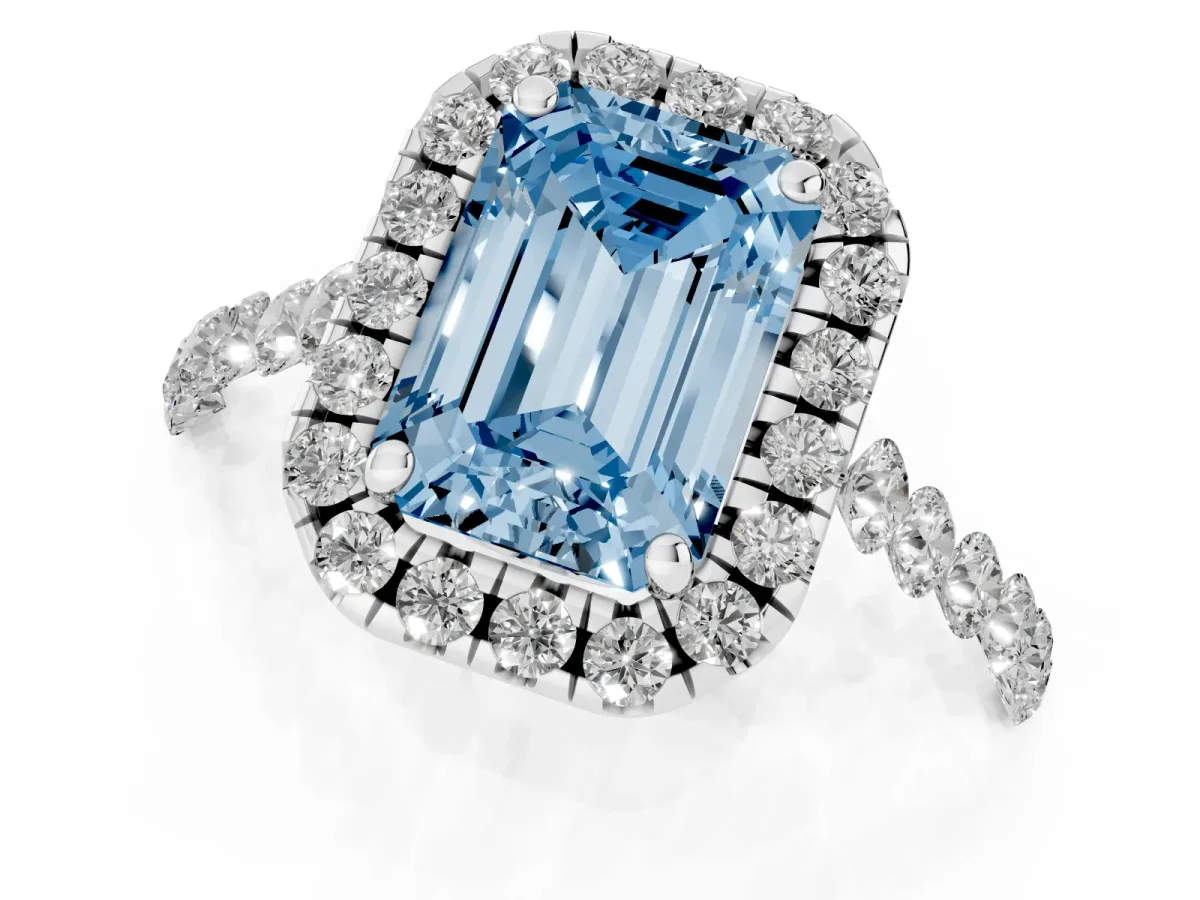 Fancy Blue Emerald Cut Halo Pavé Diamond Engagement Ring with Four-Prong Setting Silver