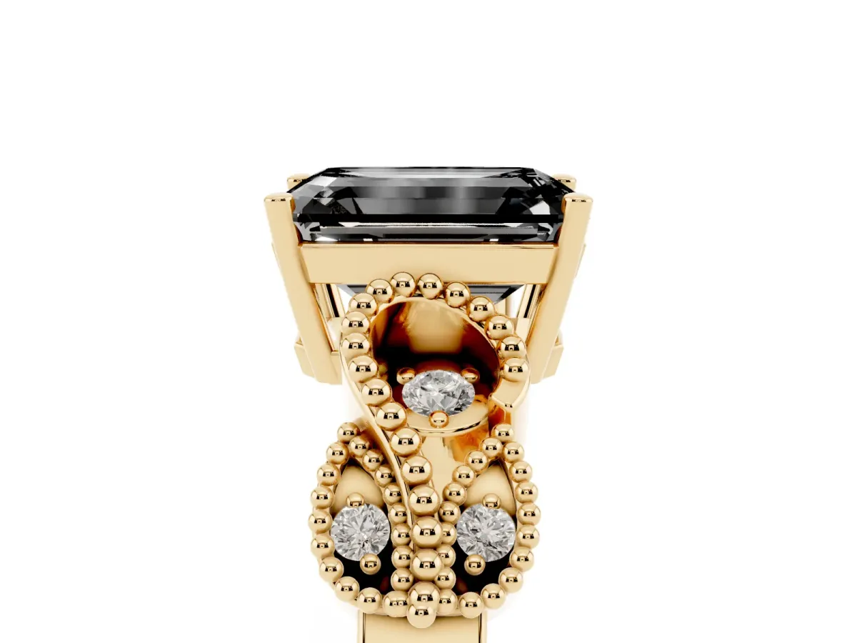 Fancy Black Emerald Cut Solitaire Milgrain Leaf Band with Prong Setting Yellow gold