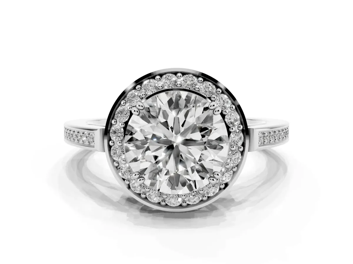 Round Cut Diamond Halo Ring with Split Shank and Four-Prong Setting Silver