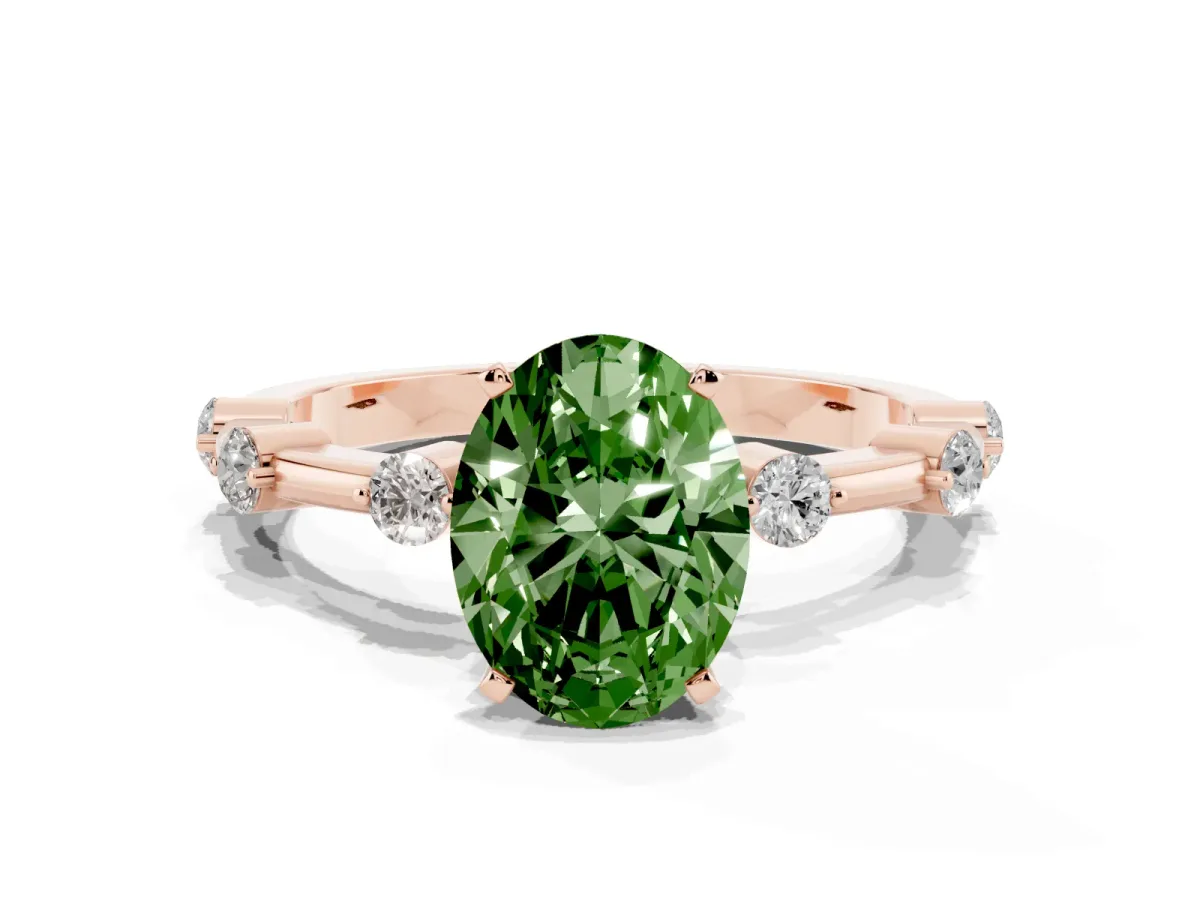 Fancy Green Oval Cut Solitaire Diamond Ring with Bezel Set Side Stones and Prong Setting Rose gold