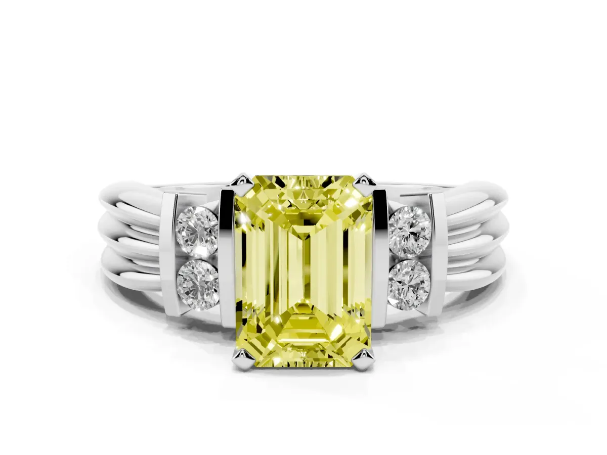 Fancy Yellow Emerald Cut Cut Three-Stone Channel Set Ring with Bar Prongs Platinum