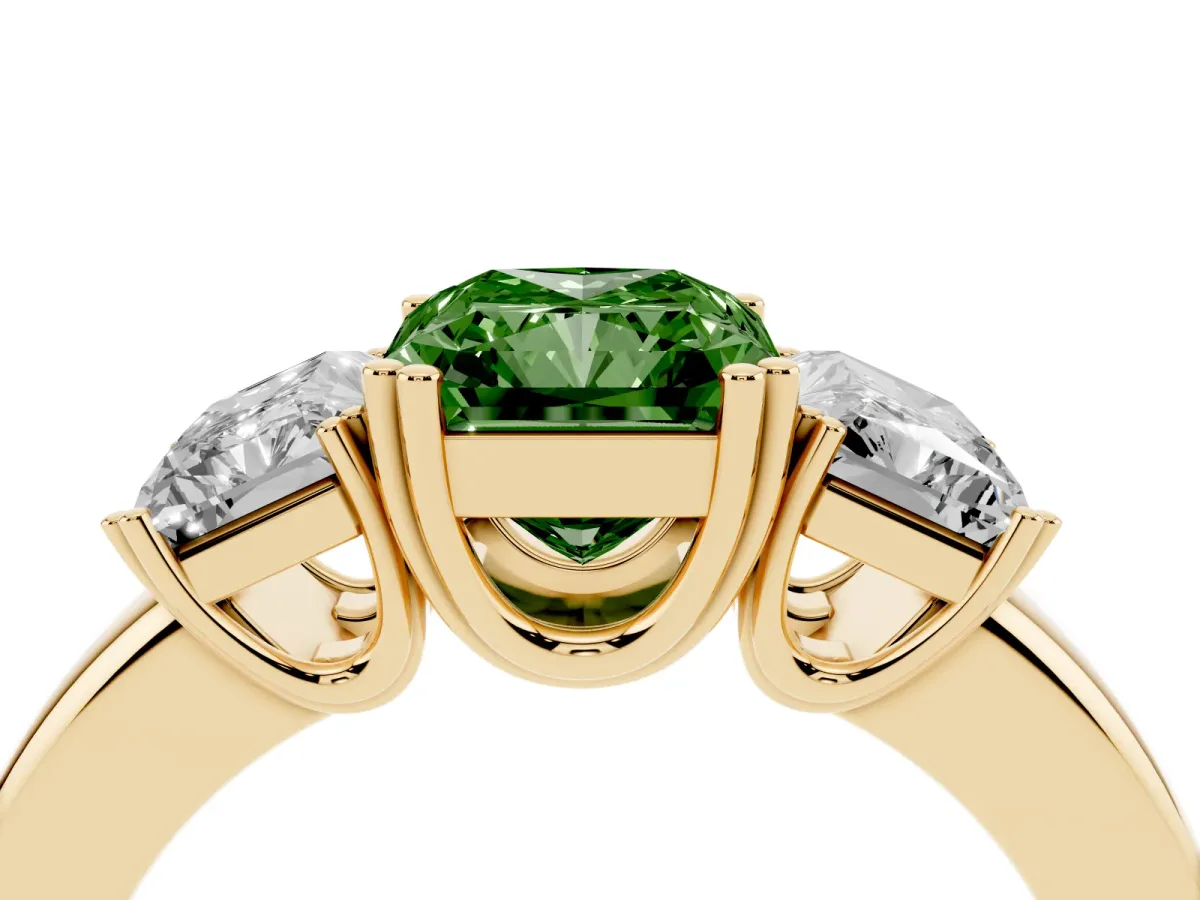 Fancy Green Three-Stone Radiant Cut Cut Diamond Ring with Channel Set Band and Four-Prong Setting Yellow gold