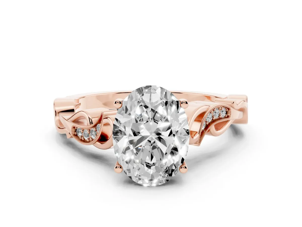 Oval Cut Solitaire Vine Band with Milgrain Prong Setting Rose gold