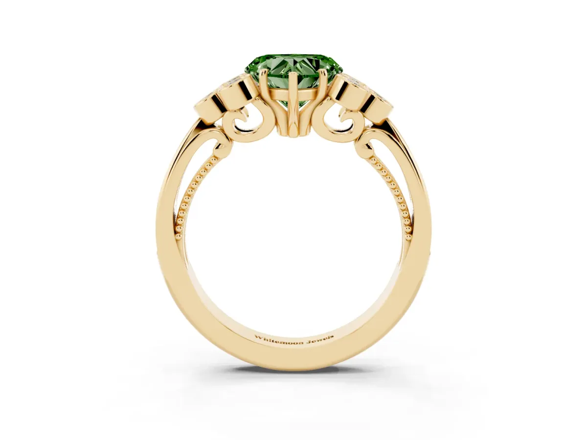 Fancy Green Heart Cut Cut Diamond Engagement Ring with Bezel Set Round Side Stones and Prong Setting Yellow gold