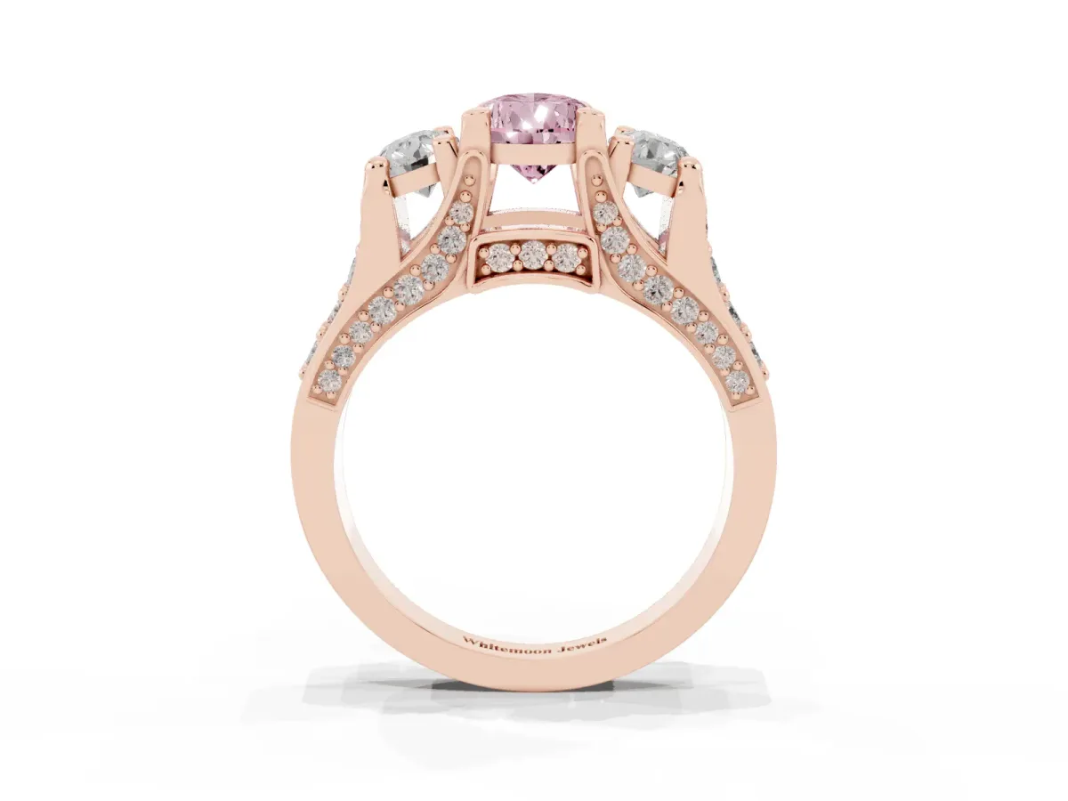 Fancy Pink Pear Cut Diamond Three-Stone Ring with Channel Set Band and Four-Prong Setting Rose gold