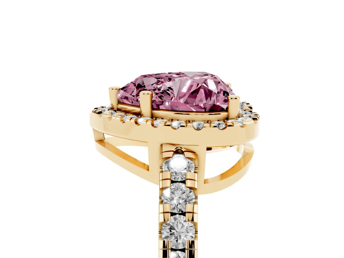 Fancy Pink Heart Cut Diamond Halo Ring with Pavé Band and Four-Prong Setting Yellow gold