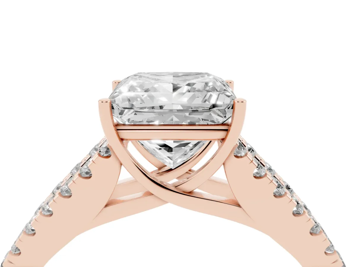 Princess Cut Diamond Split Shank Pavé Engagement Ring with Four-Prong Setting Rose gold