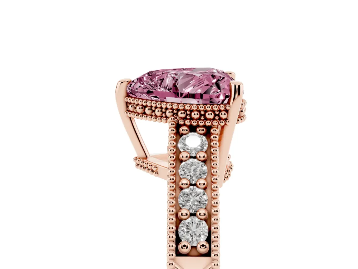 Fancy Pink Heart Cut Solitaire Pavé Diamond Milgrain Engagement Ring with Four-Prong Setting Rose gold