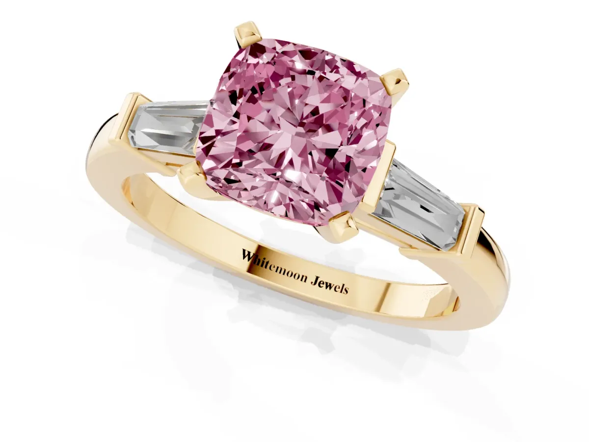 Fancy Pink Cushion Cut Cut Diamond Solitaire Ring with Tapered Baguette Accents and Four-Prong Setting Yellow gold