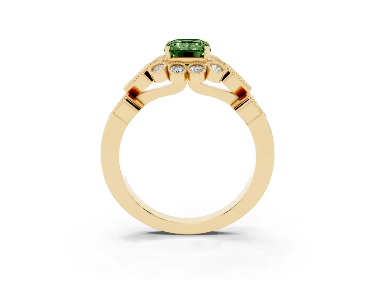 Fancy Green Emerald Cut Brilliant Milgrain Pave Heart Band Solitaire Ring Yellow gold