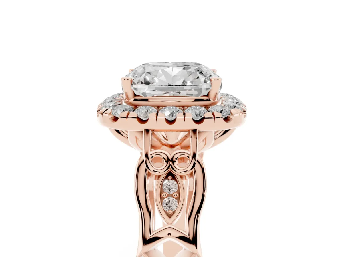 Cushion Cut Halo Diamond Engagement Ring with Filigree Band and Four-Prong Setting Rose gold