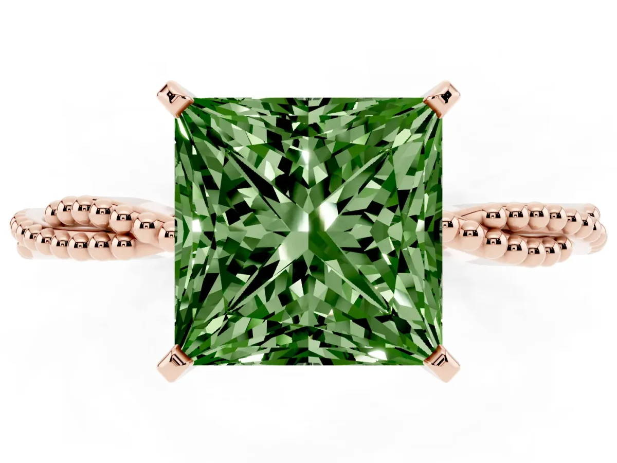 Fancy Green Princess Cut Solitaire Twisted Band with Bead Prong Setting Rose gold