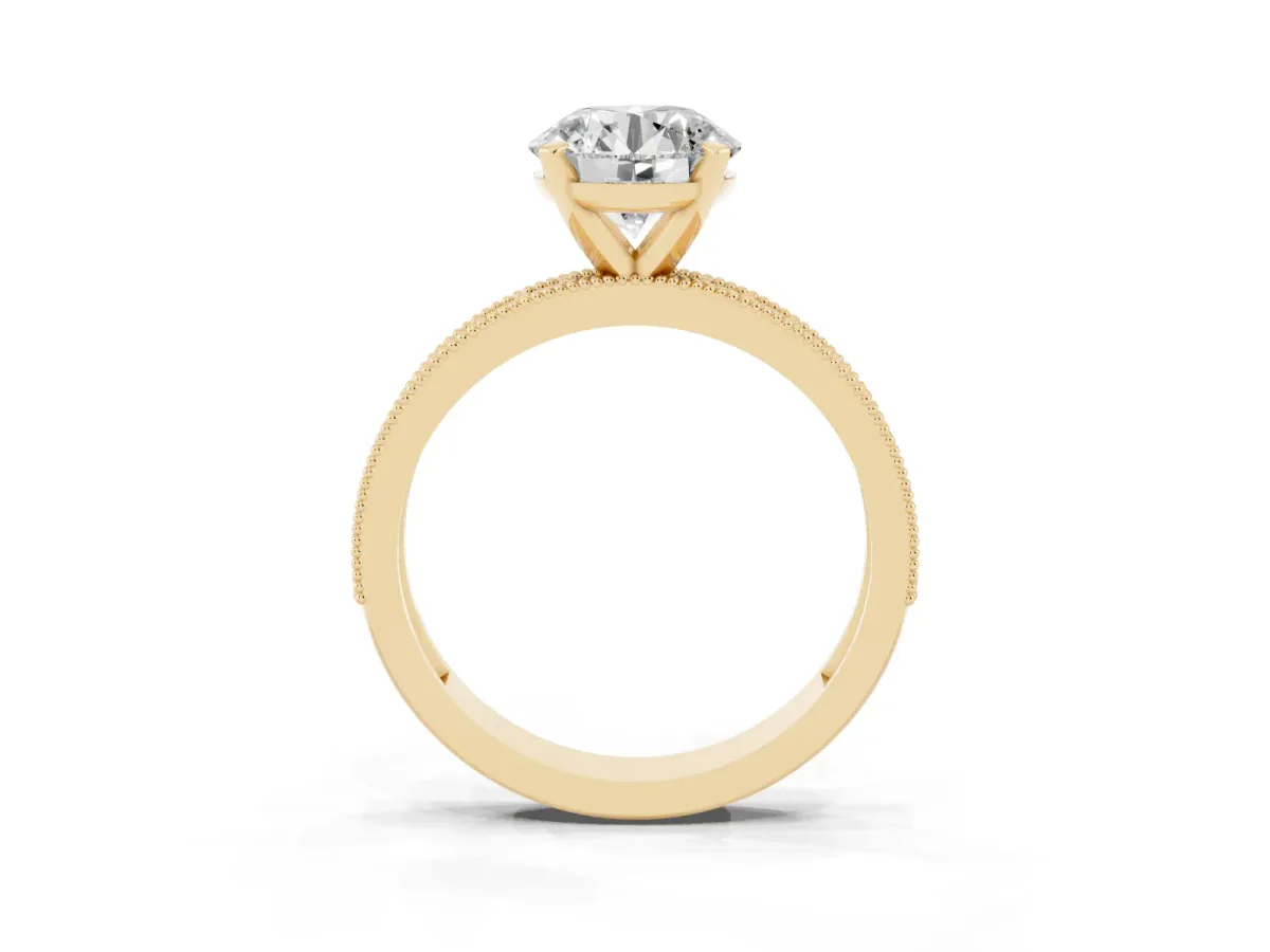 Round Cut Diamond Milgrain Pavé Engagement Ring with Four-Prong Setting Yellow gold
