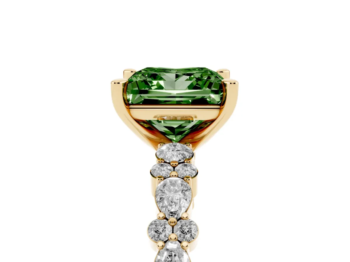 Fancy Green Princess Cut Diamond Side Stone Solitaire Ring with Round and Four-Prong Setting Yellow gold