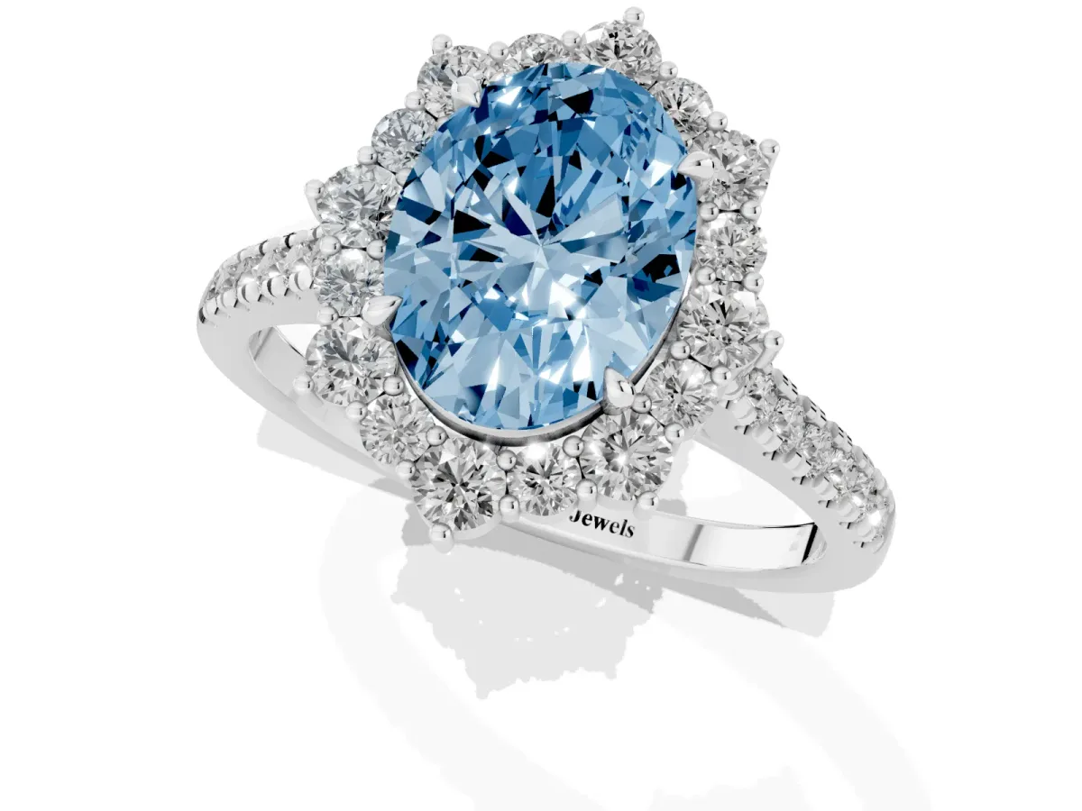 Fancy Blue Oval Cut Halo Diamond Ring with Pavé Band and Prong Setting Silver
