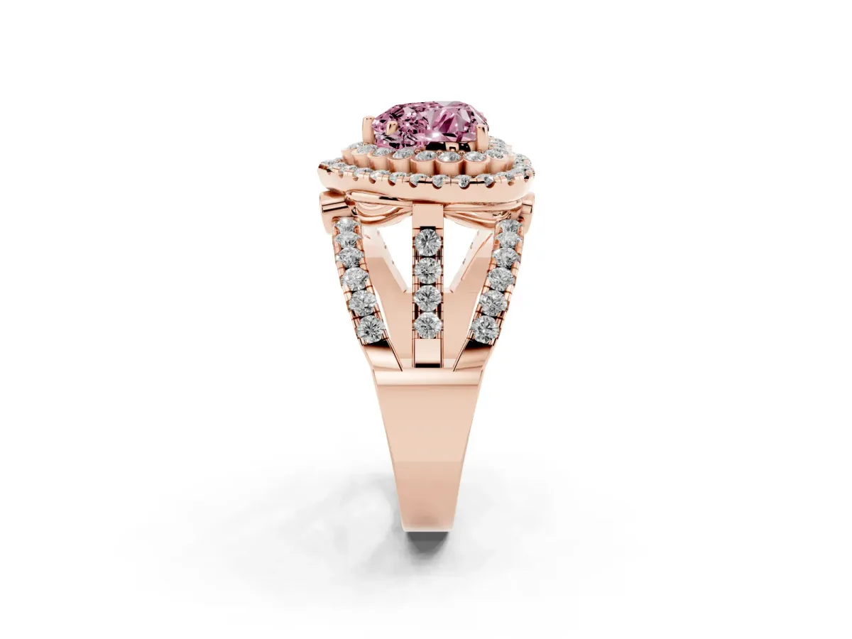 Fancy Pink Heart Cut Diamond Double Halo Ring with Round Pavé Split Shank and Prong Setting Rose gold