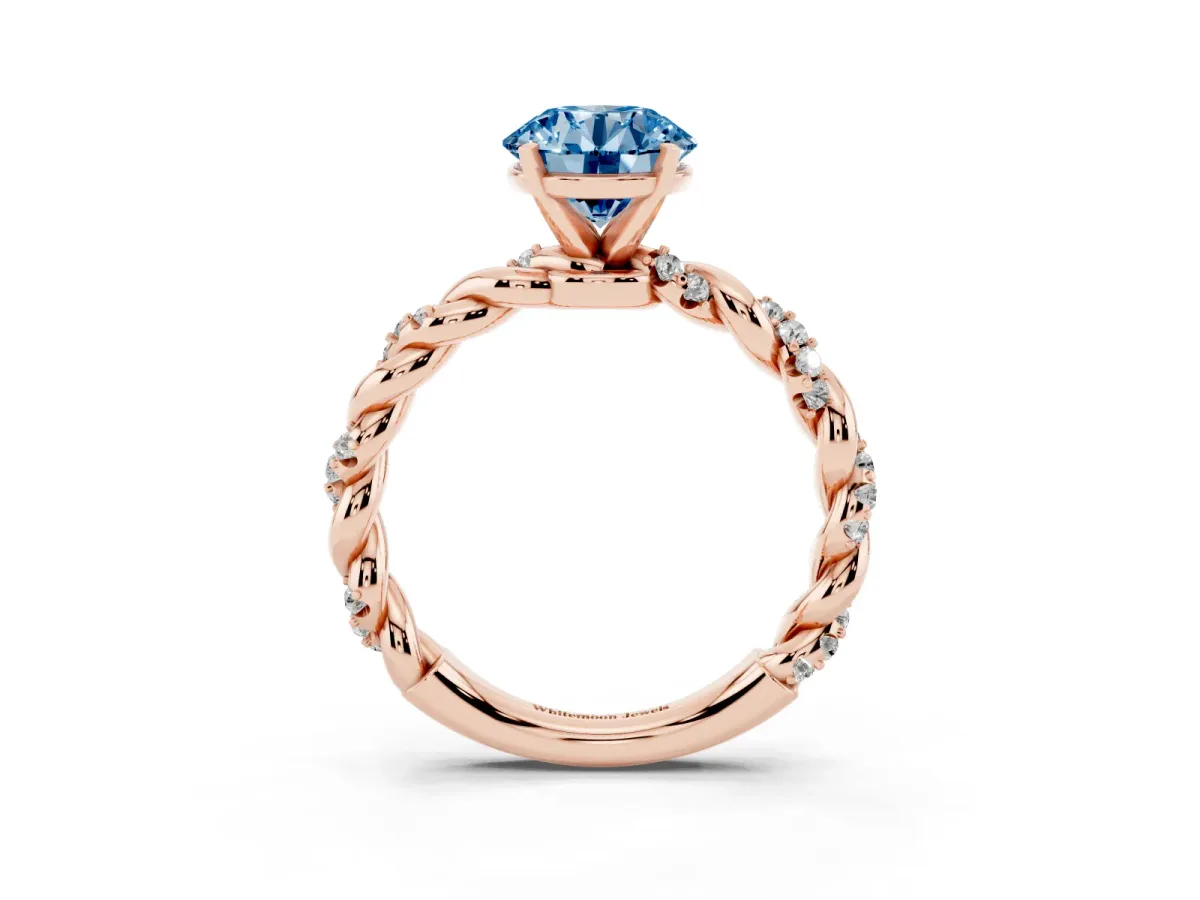 Fancy Blue Round Cut Diamond Solitaire Ring with Twisted Band and Pavé Accents Rose gold
