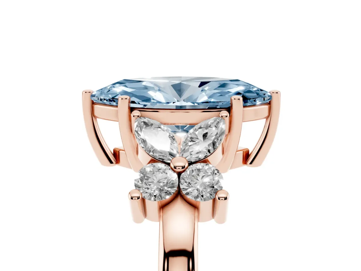 Fancy Blue Marquise Cut Diamond Floral Cluster Ring with Solitaire Band and Prong Setting Rose gold