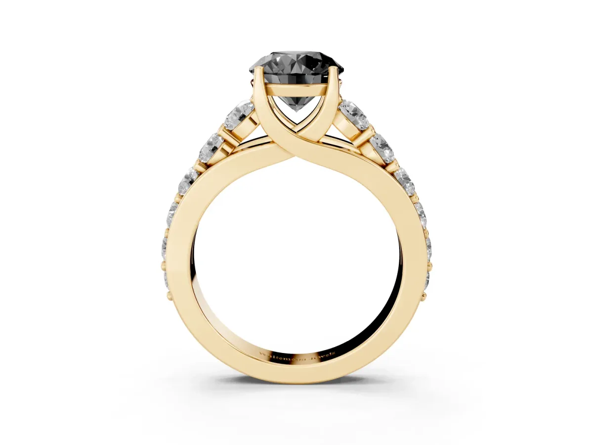 Fancy Black Round Cut Diamond Engagement Ring with Pavé Band and Four-Prong Setting Yellow gold