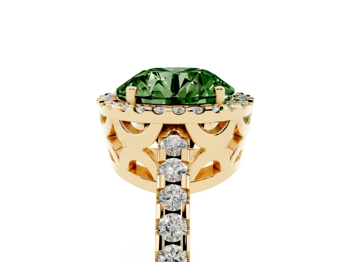 Fancy Green Round Cut Diamond Halo Engagement Ring with Pavé Band and Prong Setting Yellow gold