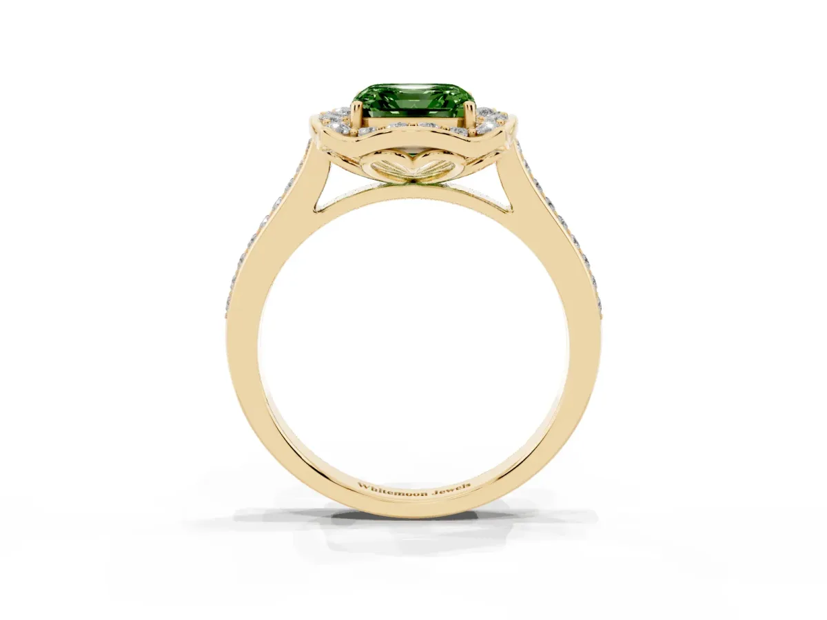 Fancy Green Asscher Cut Halo Round Diamond Pave Band with Four-Prong Setting Yellow gold