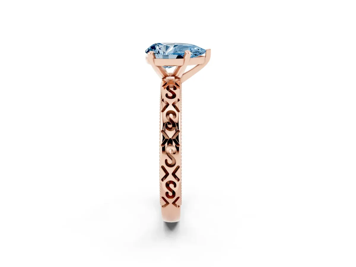 Fancy Blue Pear Cut Solitaire Engagement Ring with Scrollwork Band and Four-Prong Setting Rose gold