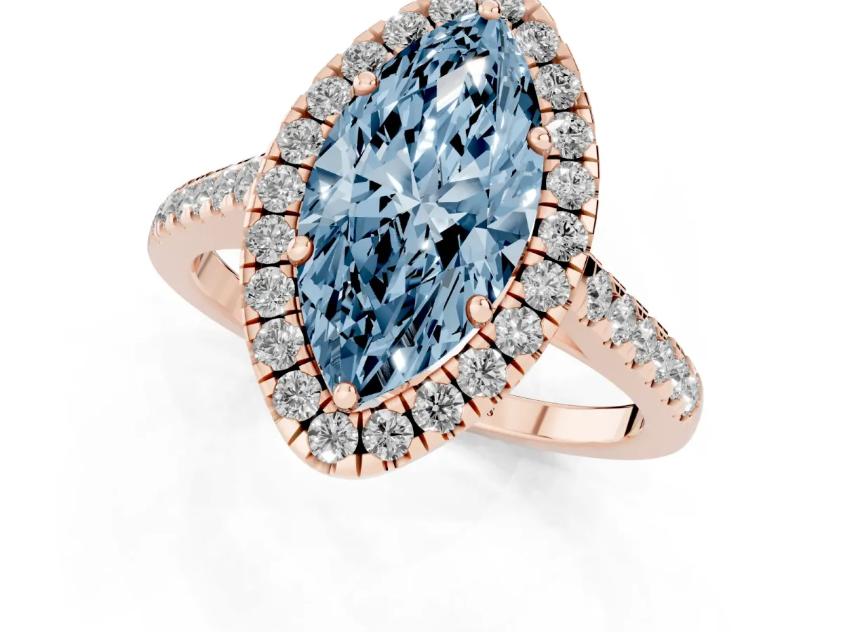 Fancy Blue Marquise Cut Halo Pave Diamond Engagement Ring with Four-Prong Setting Rose gold