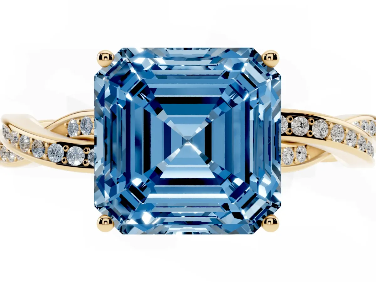 Fancy Blue Asscher Cut Solitaire Twisted Pave Diamond Ring with Four-Prong Setting Yellow gold