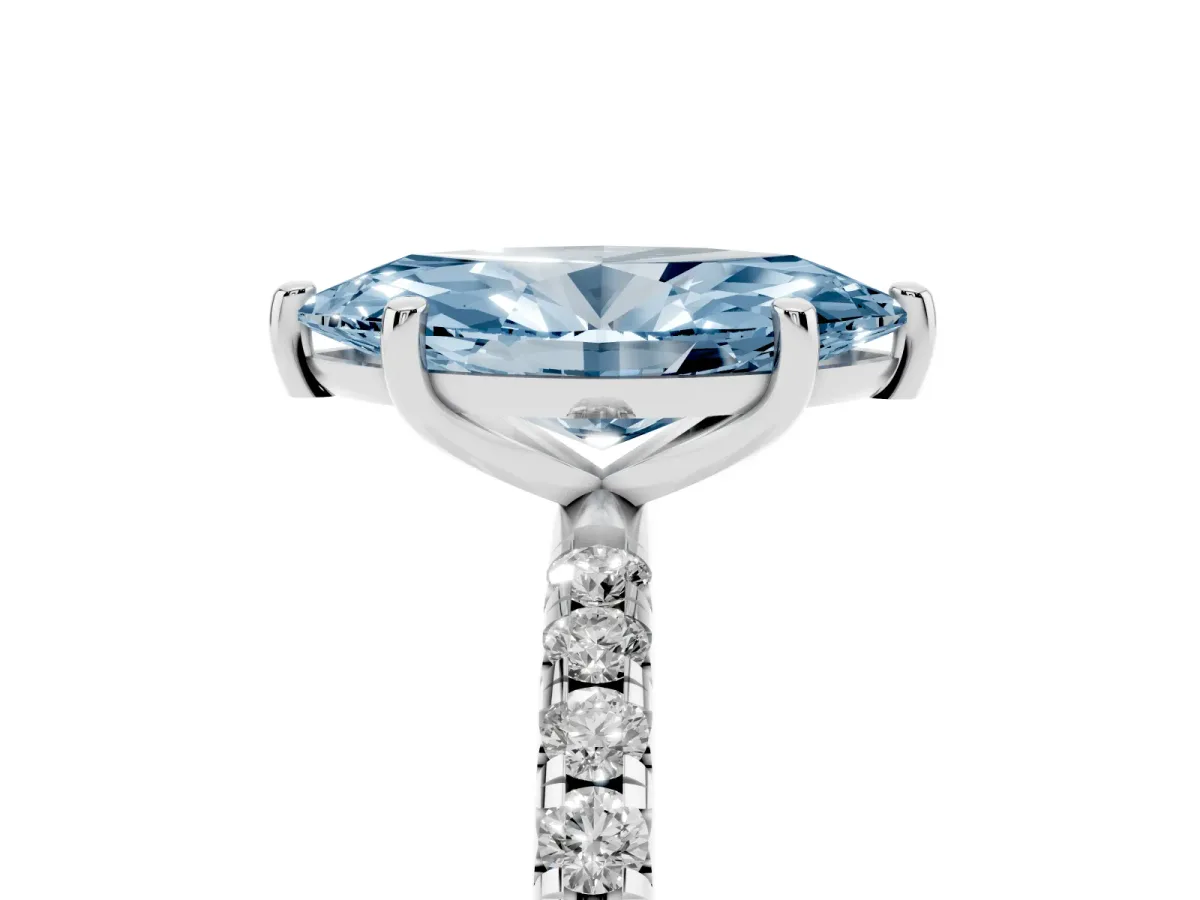 Fancy Blue Marquise Cut Cut Diamond Solitaire Ring with Micro Pave Band and Four Prong Setting Platinum