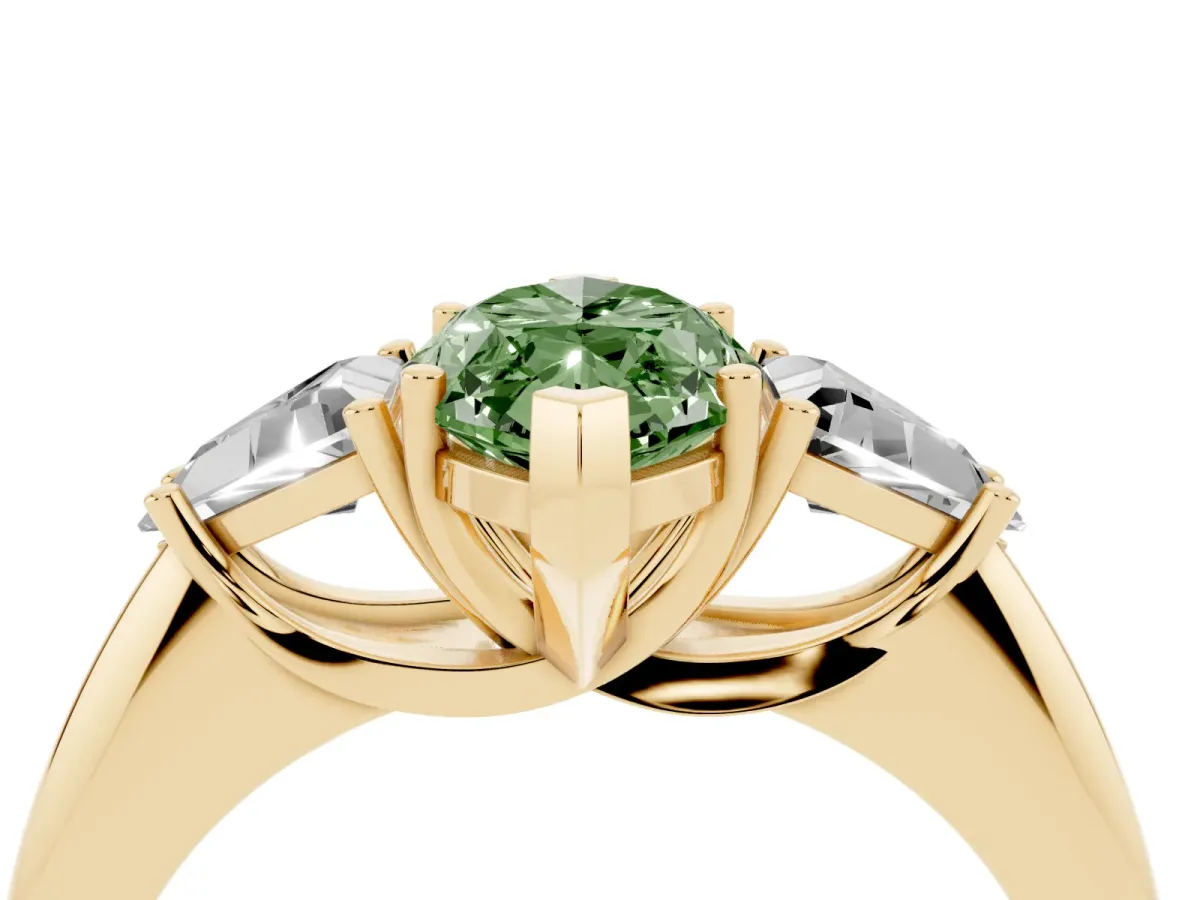 Fancy Green Three-Stone Marquise Cut Diamond Engagement Ring with Trillion Side Stones and Prong Setting Yellow gold