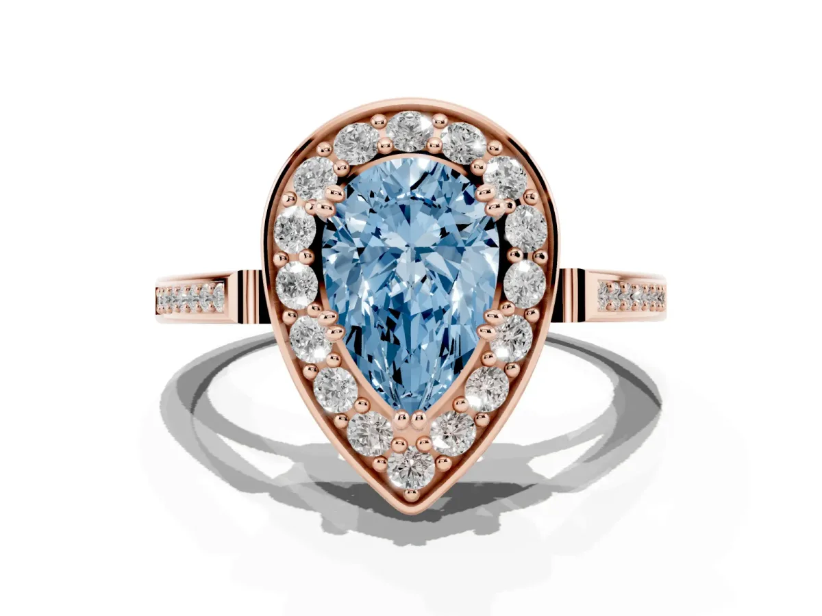 Fancy Blue Pear Cut Diamond Halo Ring with Split Shank and Four-Prong Setting Rose gold
