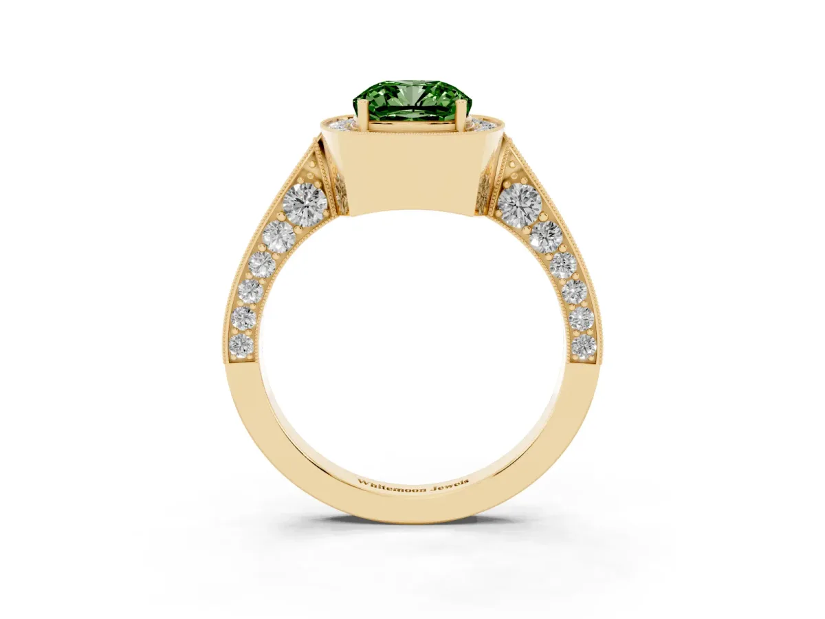 Fancy Green Cushion Cut Halo Diamond Engagement Ring with Split Shank Band and Four-Prong Setting Yellow gold