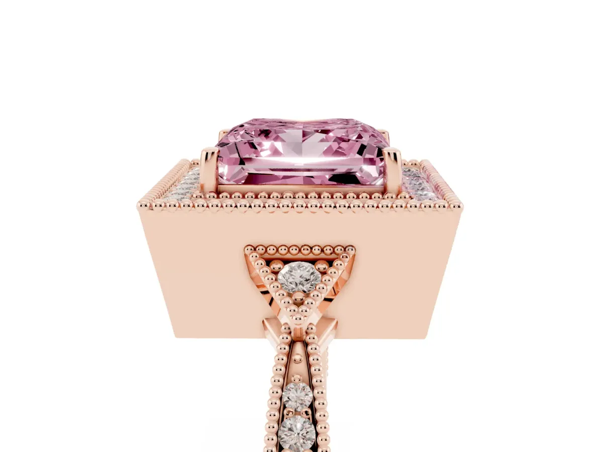 Fancy Pink Princess Cut Halo Round Diamond Milgrain Pave Engagement Ring Rose gold
