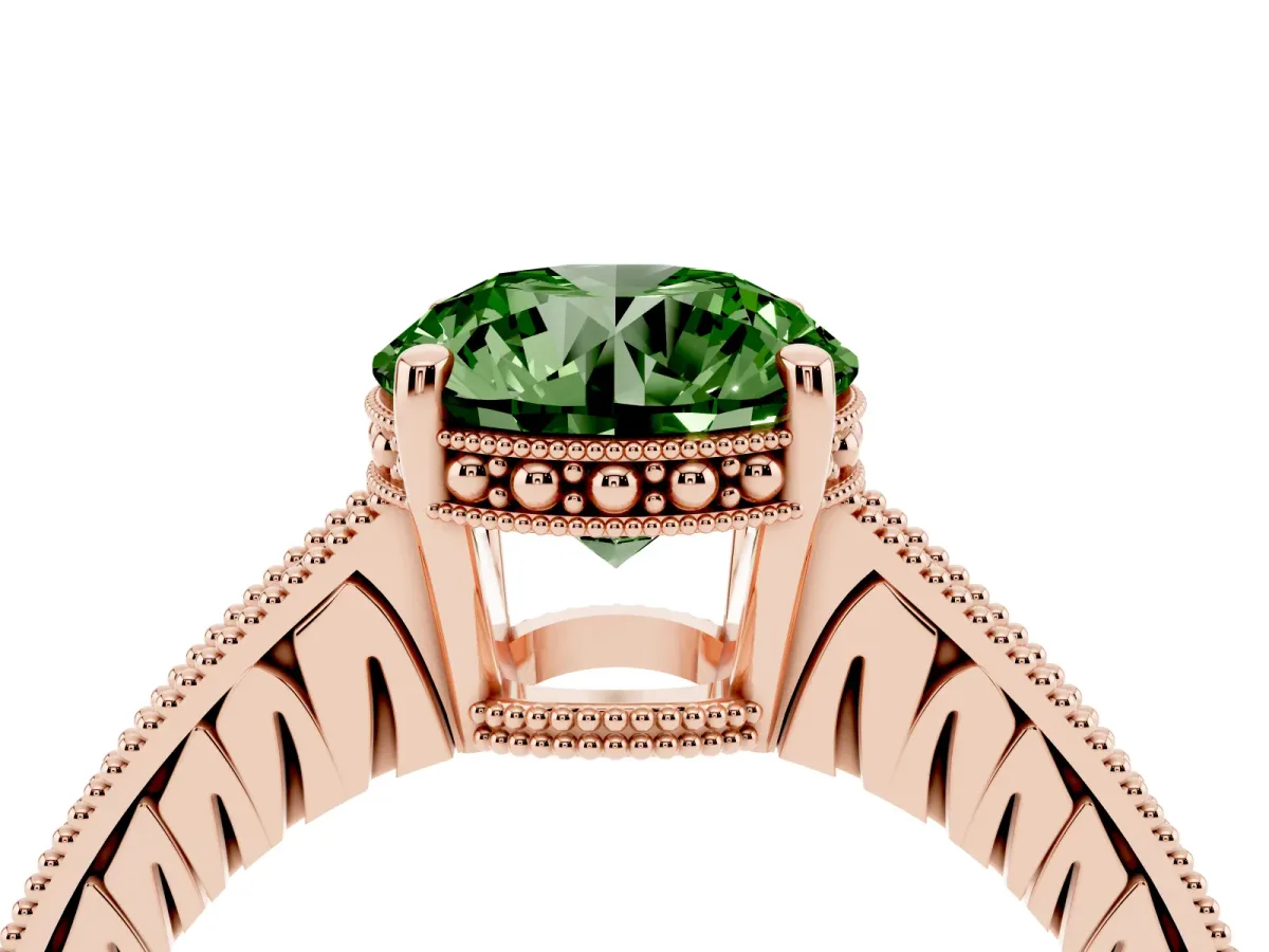 Fancy Green Round Cut Solitaire Pavé Diamond Milgrain Engagement Ring with Four-Prong Setting Rose gold