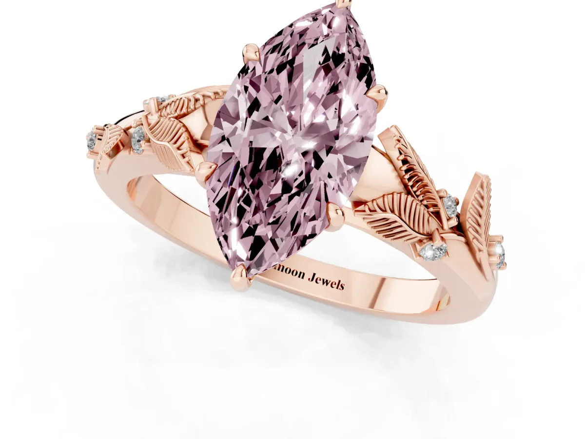 Fancy Pink Marquise Cut Diamond Solitaire Ring with Leaf Motif Band and Four-Prong Setting Rose gold