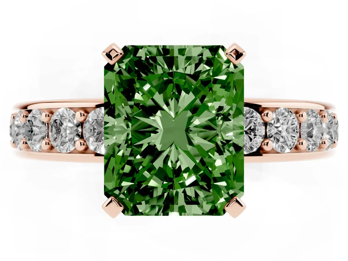Fancy Green Radiant Cut Diamond Engagement Ring with Channel Set Round Band and Prong Setting Rose gold