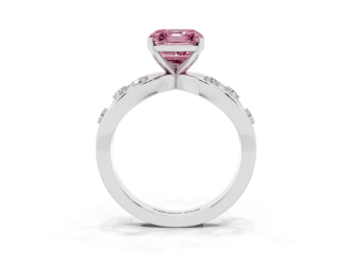 Fancy Pink Asscher Cut Cut Solitaire Diamond with Side Stones on Criss-Cross Band and Four-Prong Setting Platinum
