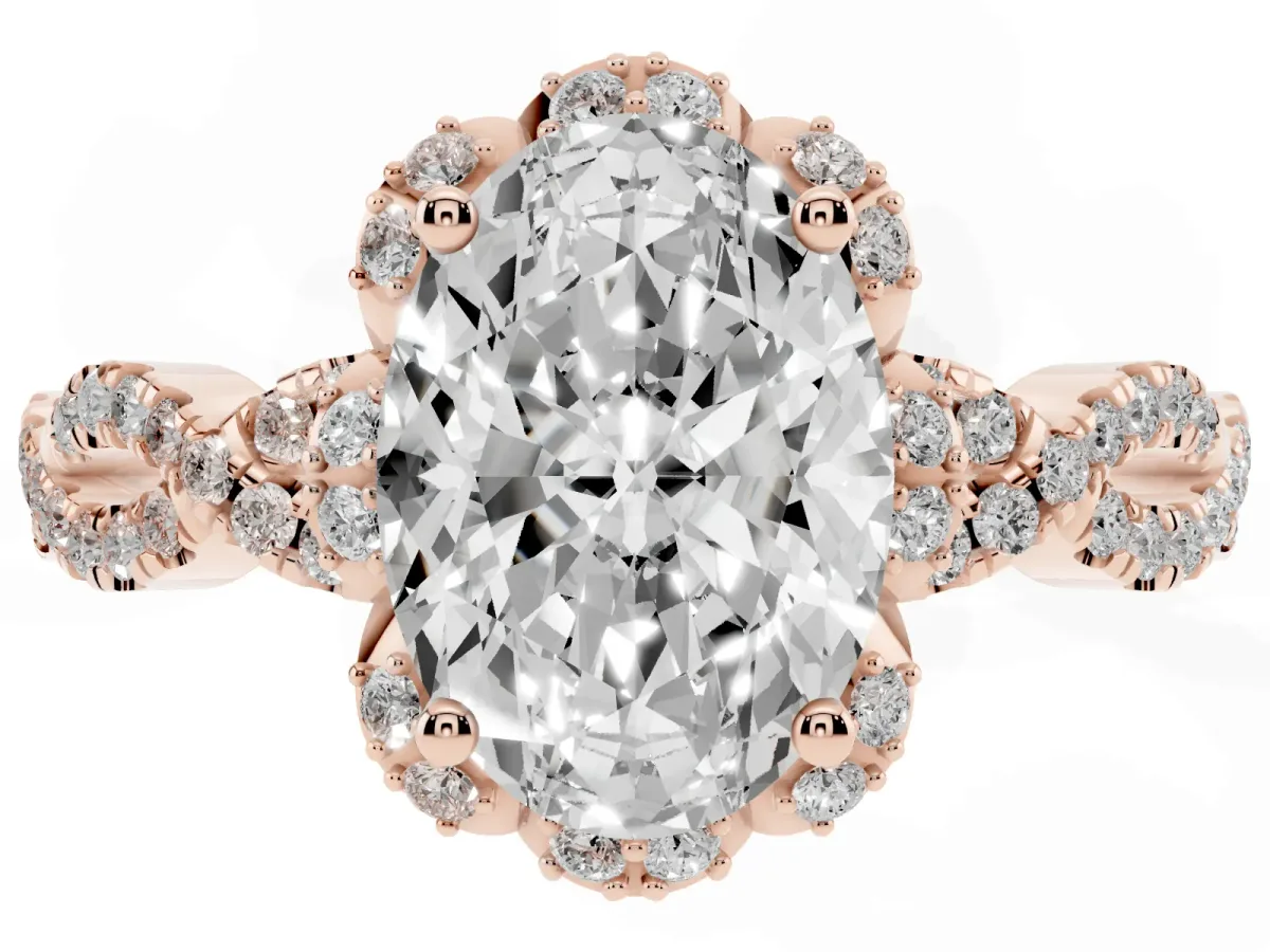 Oval Cut Halo Twist Band Solitaire Ring with Six-Prong Setting Rose gold