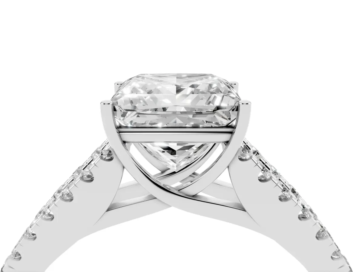 Princess Cut Diamond Split Shank Engagement Ring with Round Pavé and Prong Setting Platinum