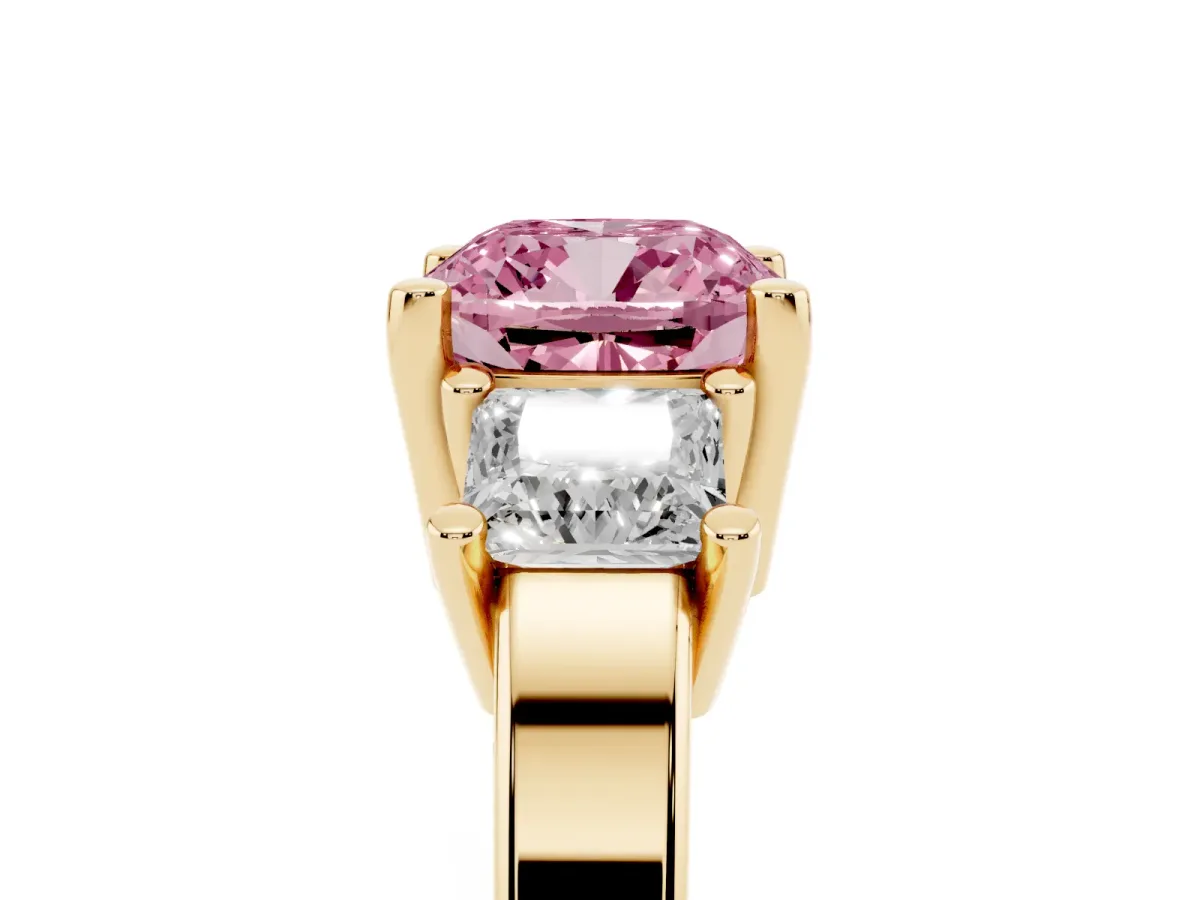 Fancy Pink Three-Stone Cushion Cut Cut Solitaire Ring with Prong Setting Yellow gold