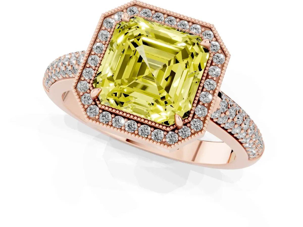 Fancy Yellow Asscher Cut Cut Halo Diamond Pave Band with Four-Prong Setting Rose gold