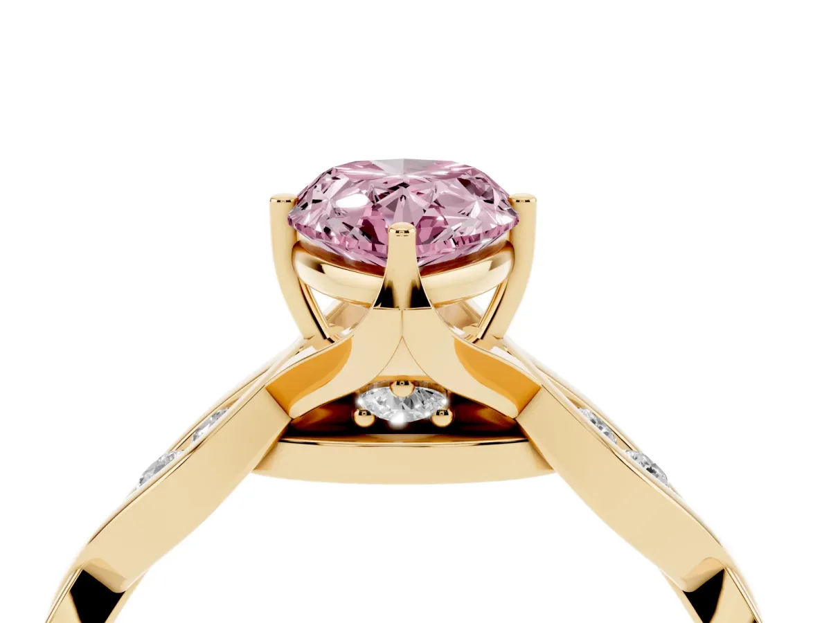 Fancy Pink Pear Cut Solitaire Twist Band with Leaf Prong Setting Yellow gold