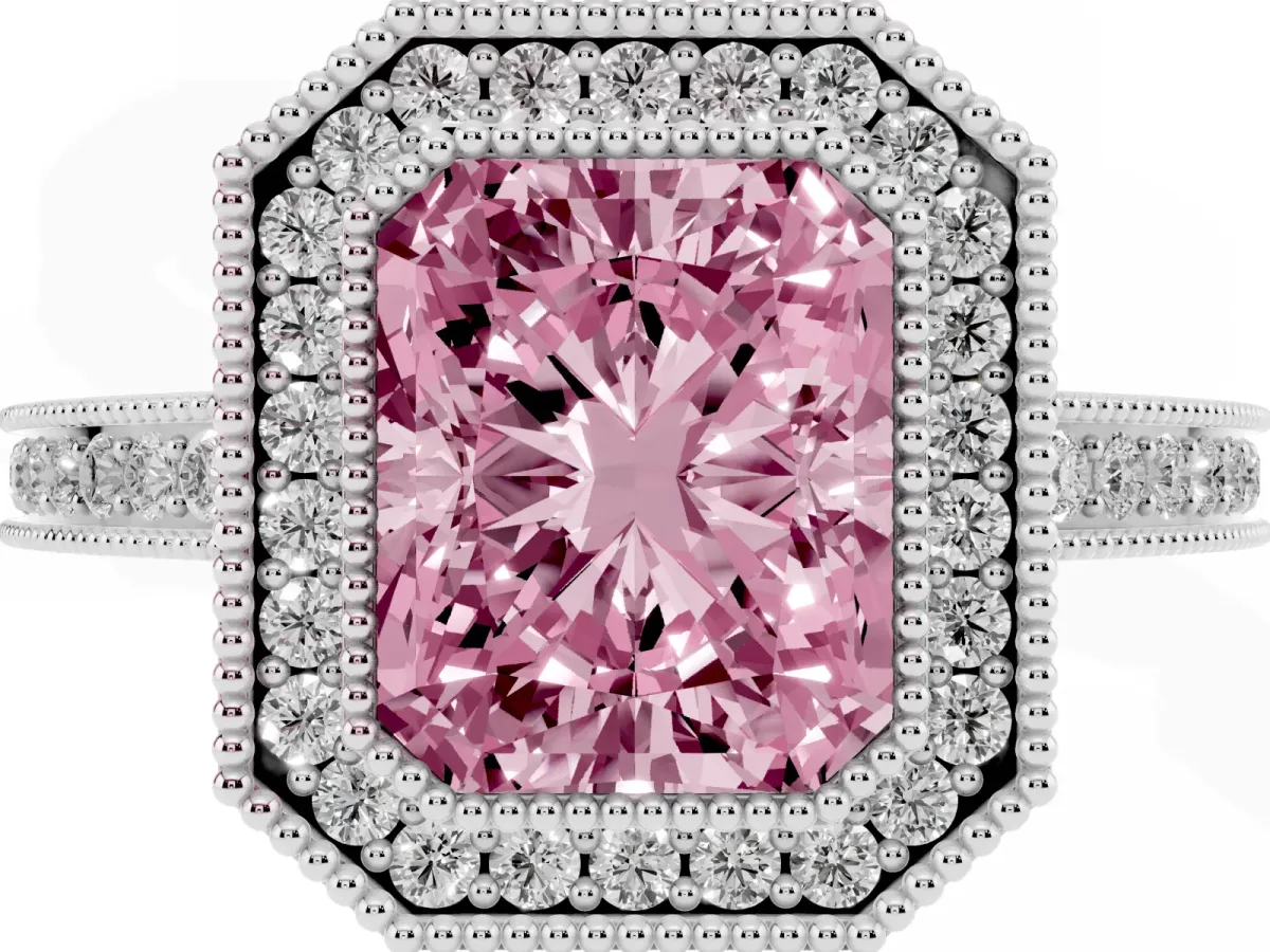 Fancy Pink Radiant Cut Cut Halo Diamond Ring with Pavé Band and Milgrain Prong Setting Platinum
