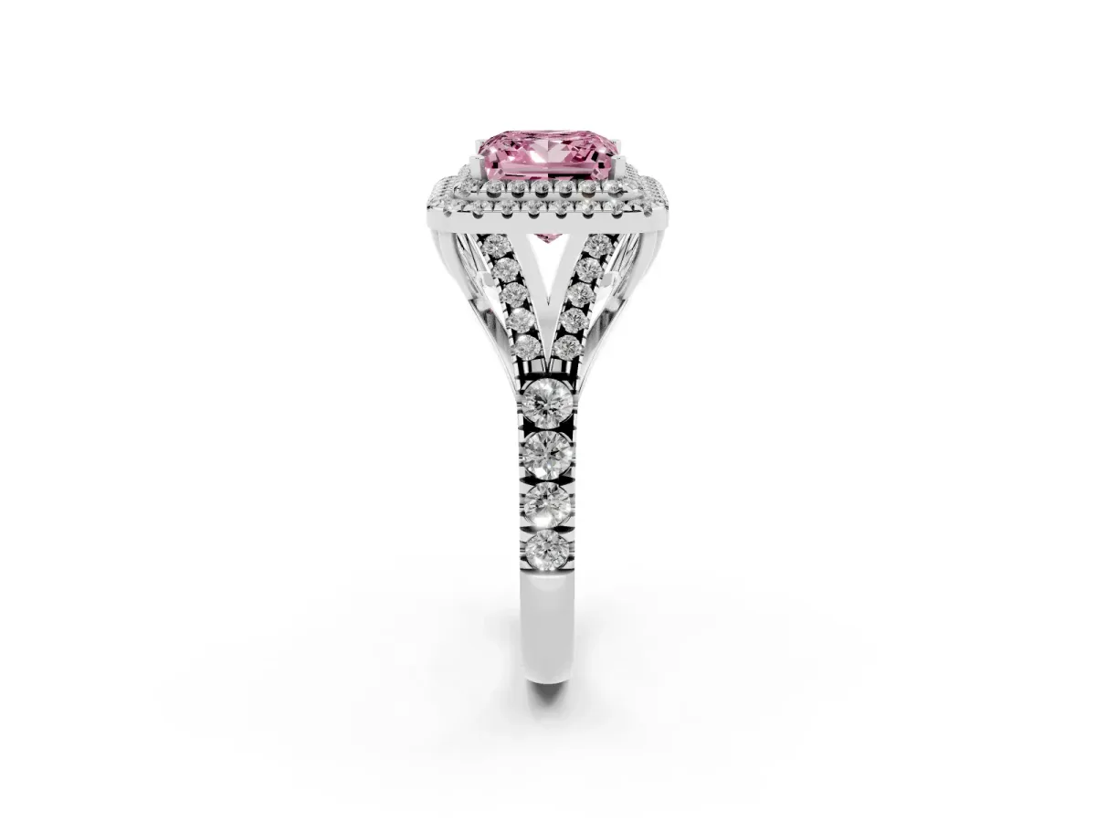 Fancy Pink Double Halo Princess Cut Diamond Split Shank Engagement Ring with Four-Prong Setting Silver