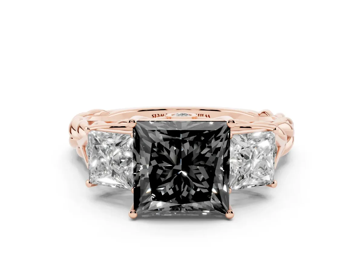 Fancy Black Three-Stone Princess Cut Diamond Braided Band Ring with Four-Prong Setting Rose gold