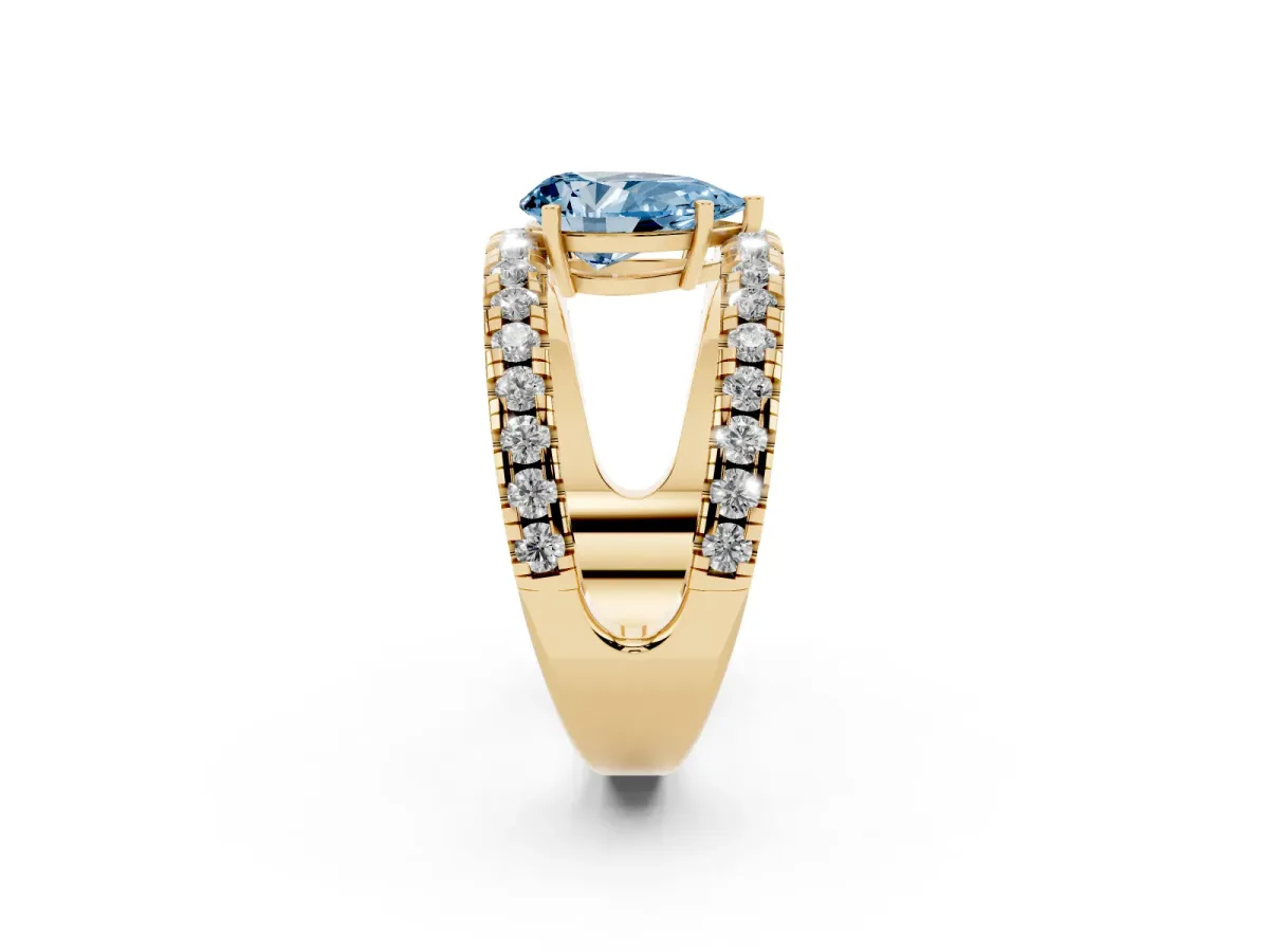 Fancy Blue Pear Cut Solitaire Split Shank Pave Diamond Ring Yellow gold