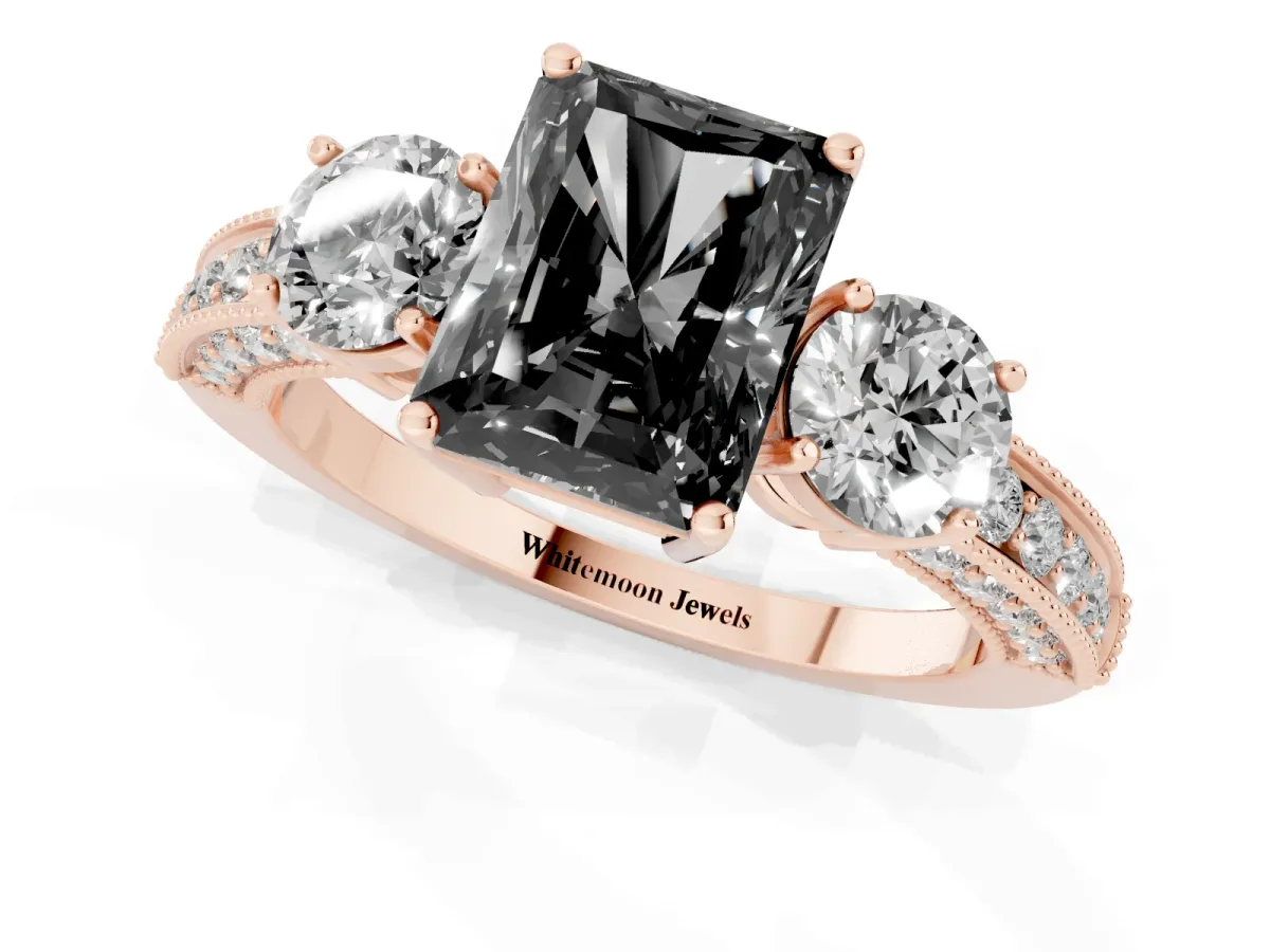 Fancy Black Radiant Cut Three-Stone Diamond Ring with Pavé Band and Four-Prong Setting Rose gold