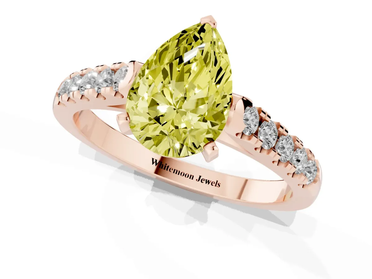 Fancy Yellow Pear Cut Diamond Pavé Band Solitaire Ring with Prong Setting Rose gold